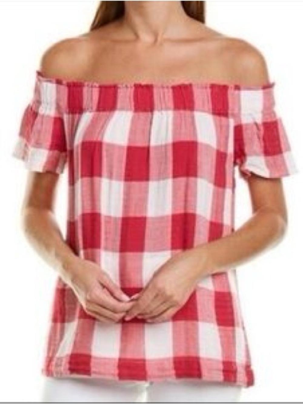 Cloth and Stone for Anthropologie Off-Shoulder Pink & White Gingham Women's Top